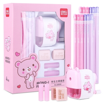 deli 得力 68896 萌伊系列 学生文具17件套(铅笔+卷笔刀+橡皮+握笔器)粉色 *4件 +凑单品 图1