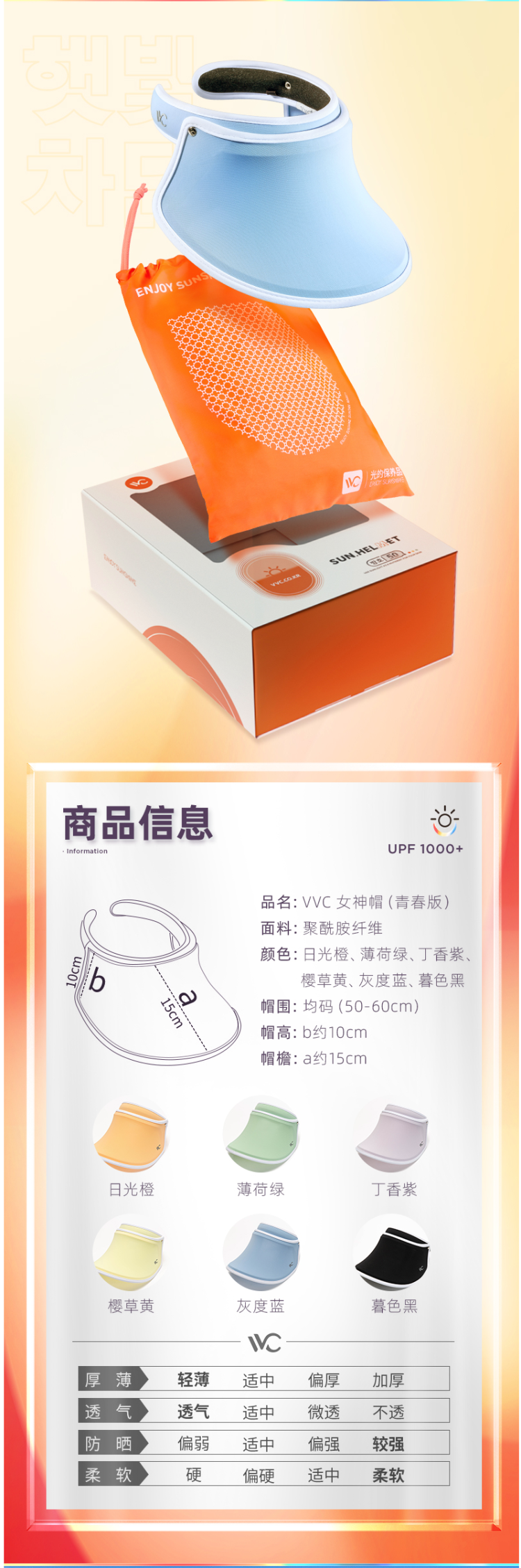韩国 VVC 2020新品 UPF 1000+防晒 女大沿夏季遮阳帽 防紫外线99.9% 图6