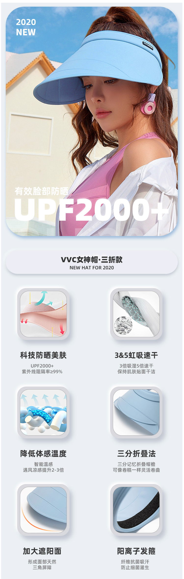 韩国 VVC 20新品 UPF50+防晒 可三折大檐帽夏季遮阳帽 防紫外线99% 图1