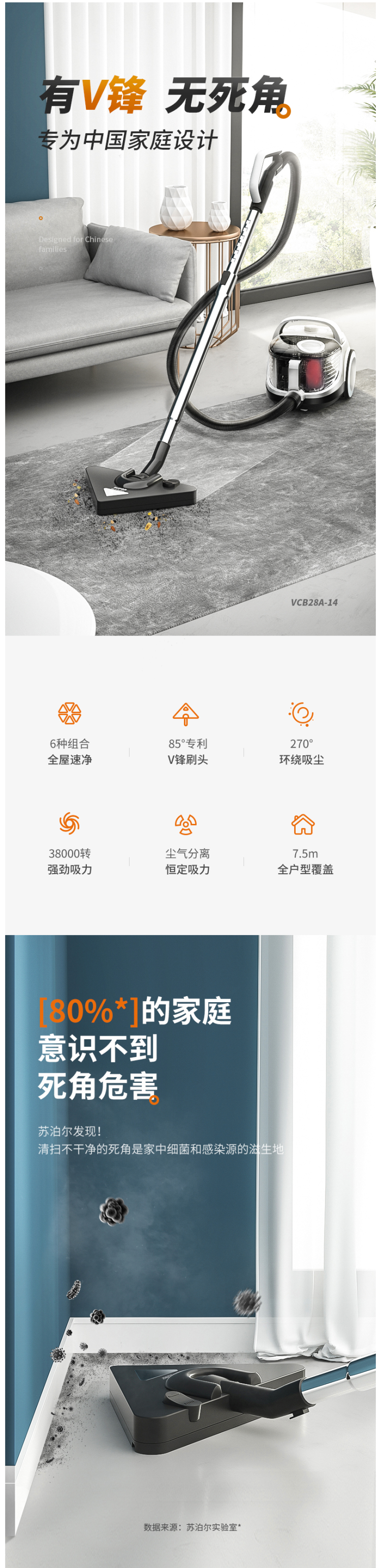 苏泊尔 VCB28A-14 V锋系列 静音手持吸尘器 1400W 图1