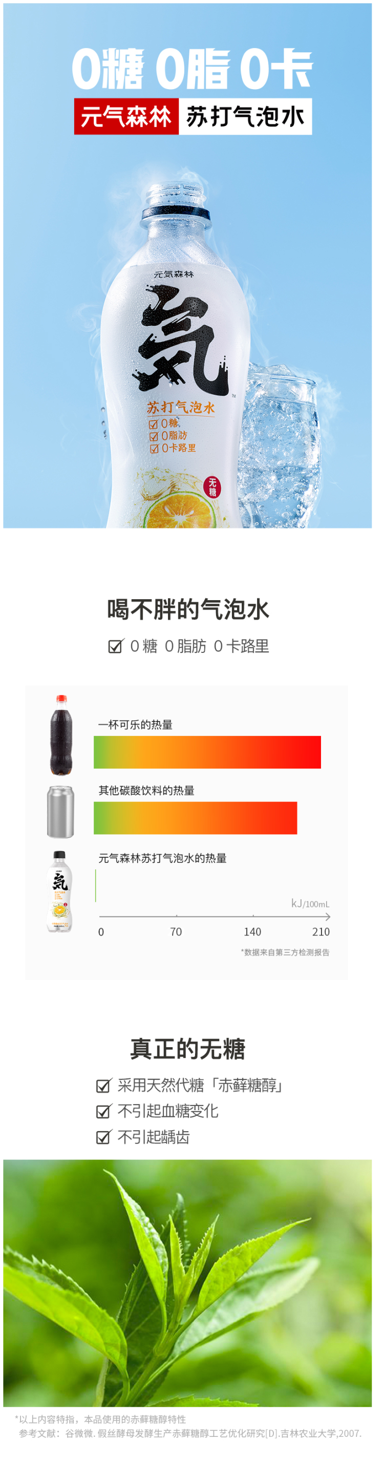 元気森林 清爽卡曼橘味苏打气泡水 480ml*12瓶 0糖0脂0卡路里 图1