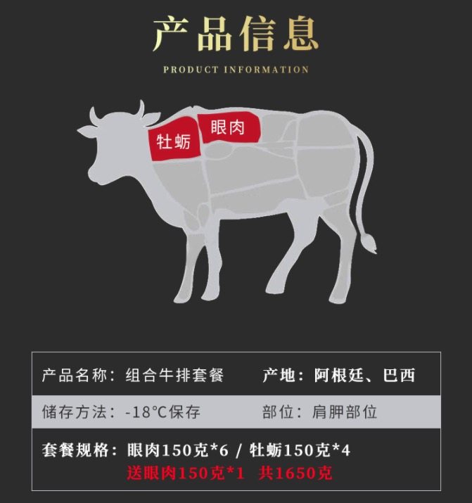 阿根廷进口 农夫好牛 原切非腌制  牡蛎+眼肉牛排 1650g/11片 图3