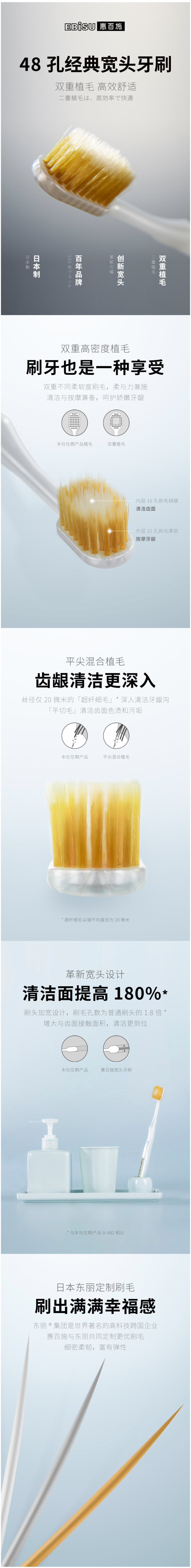 网评最好用的牙刷 日本原产 惠百施 48孔6列宽头双层软毛牙刷 4支装 图2