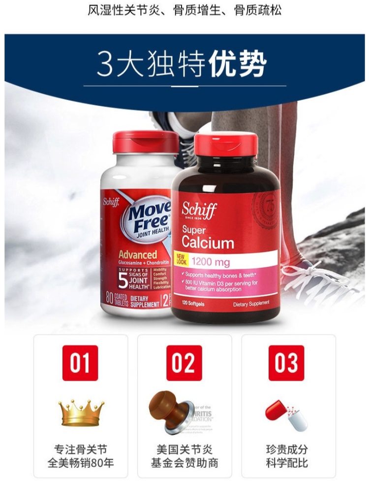 美国产 Move Free氨糖软骨素红盒 80粒+液体钙软胶囊 120粒 图5