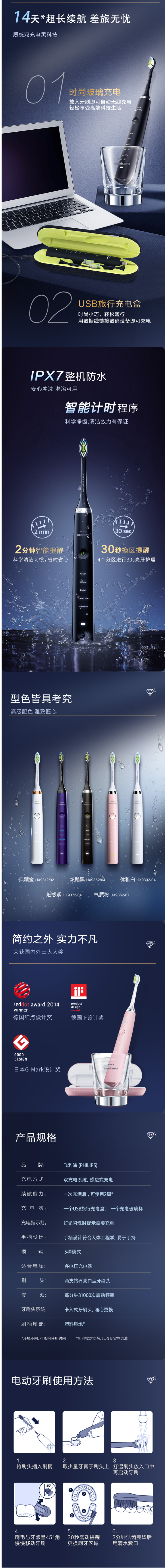 飞利浦 旗舰钻石系列 HX9352+HX9362 声波电动牙刷 2支礼盒装 图5