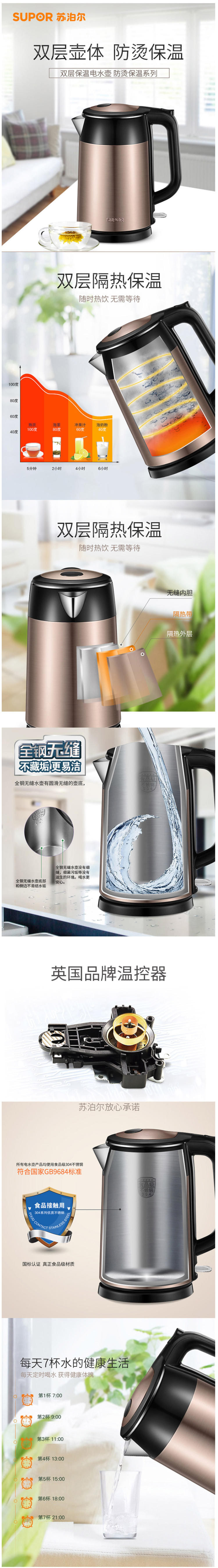 苏泊尔 17S26A 一体304不锈钢 双层防烫电热水壶 1.7L 水开自动断电 图1