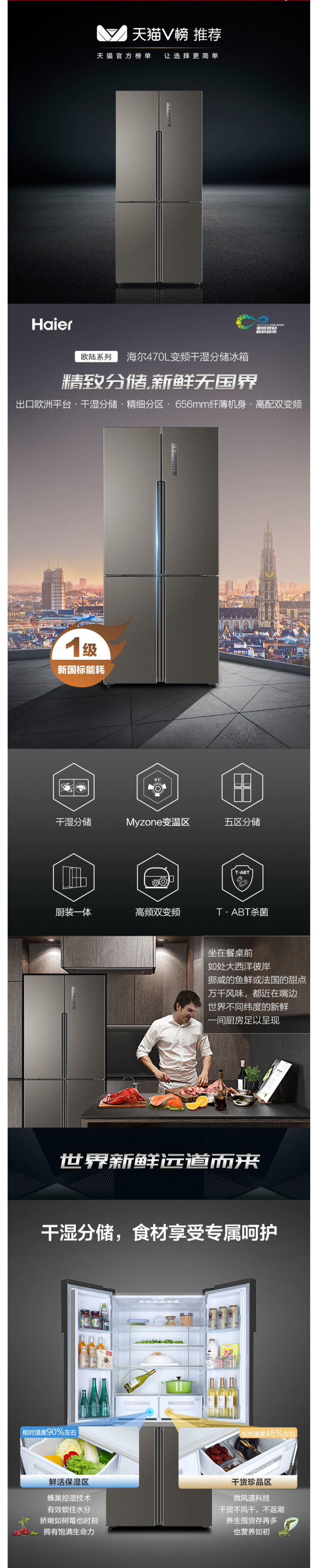 海尔 变频 一级能效 干湿分储 十字对开门冰箱 470L 图2