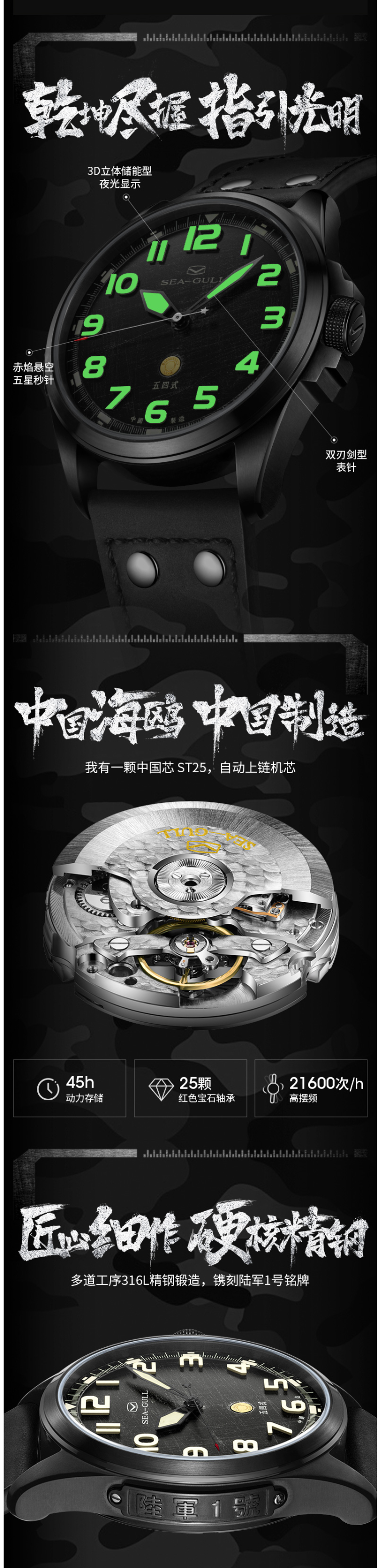 海鸥 Seagull 陆军1号战损版 男防水自动机械表 五四纪念礼盒款 图3