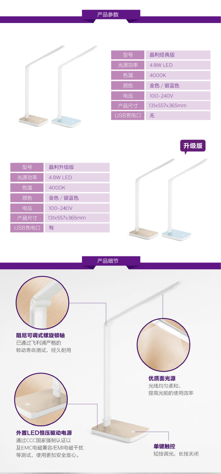国A级 Philips 飞利浦 晶利 四档触摸调光LED台灯 图7
