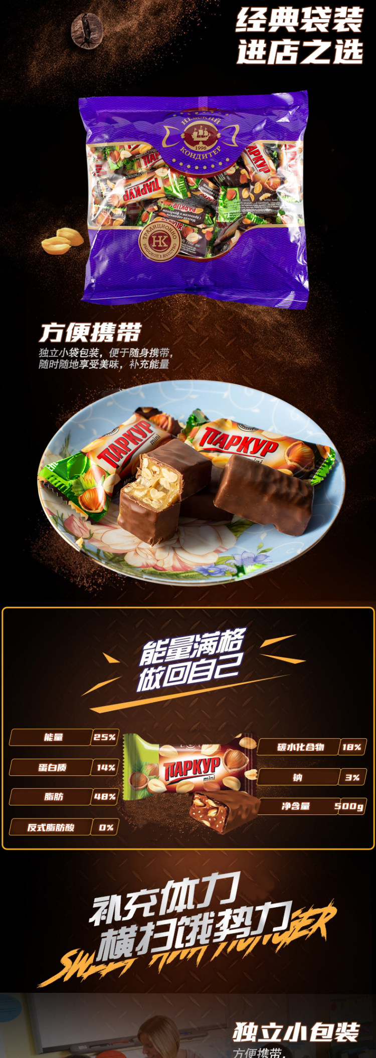涅夫斯基 俄罗斯 士力架夹心巧克力500g 图3