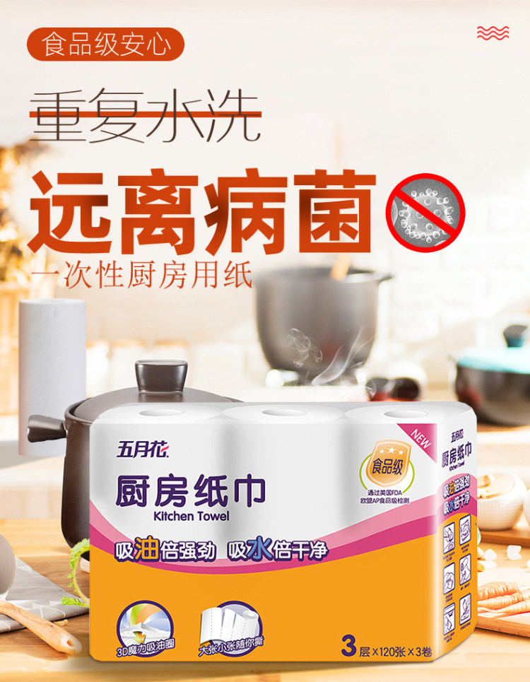 五月花 食品级厨房吸油纸120张*3卷 图1