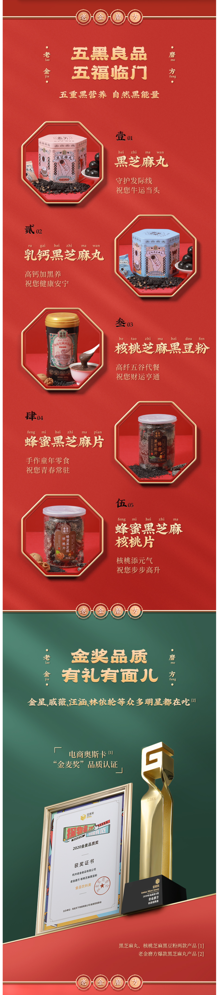 老金磨方 春节限定款 芝足常乐 黑芝麻五谷年货礼盒 1312g 图2