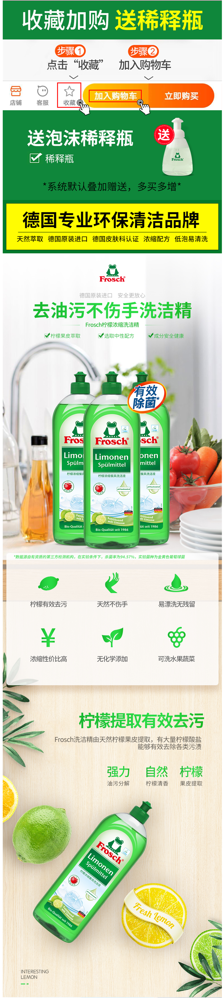 德国进口  Frosch 柠檬浓缩洗洁精 750ml*3瓶 赠稀释瓶 图2