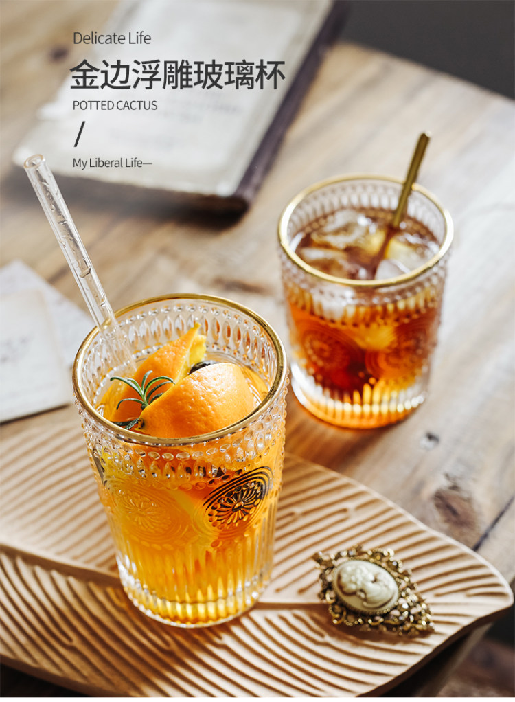 复古浮雕太阳花玻璃杯 图1