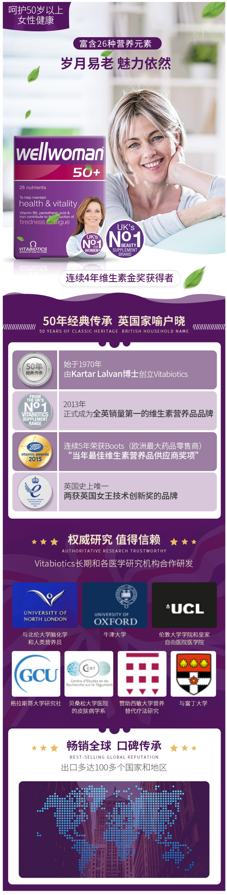 英国最大保健品牌之一 维百莱Vitabiotics 50岁+女性复合维生素 30片 图1