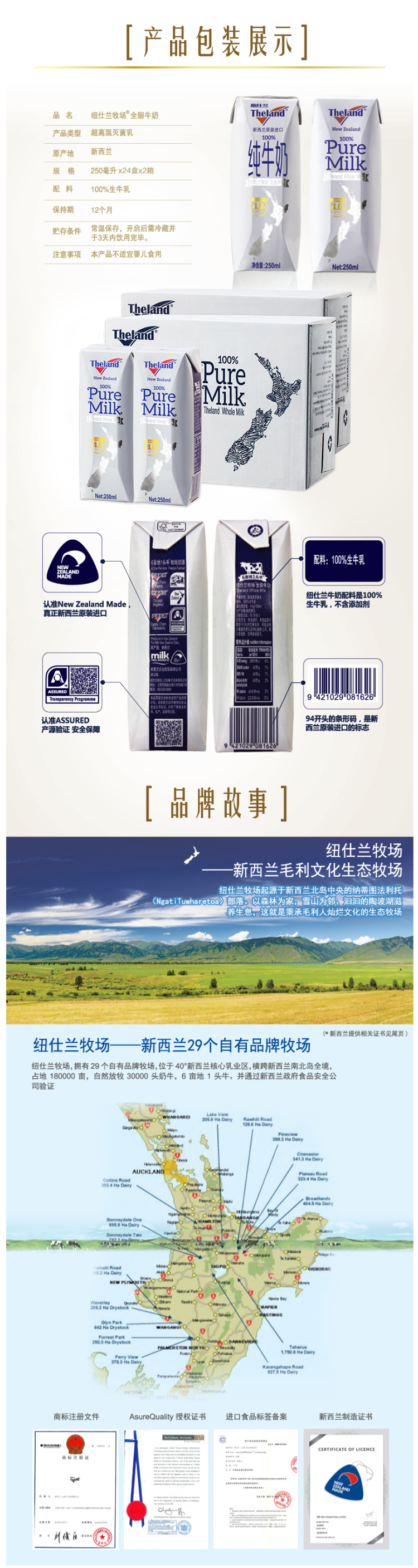 新西兰原装进口 纽仕兰 4.0g乳蛋白全脂纯牛奶 250ml*24盒*2箱 图5