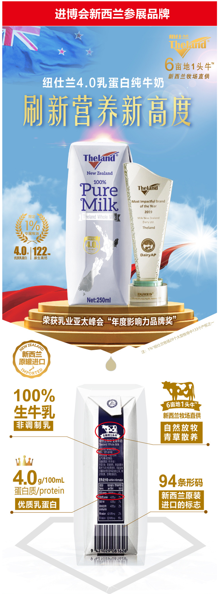 新西兰原装进口 纽仕兰 4.0g乳蛋白全脂纯牛奶 250ml*24盒 图2