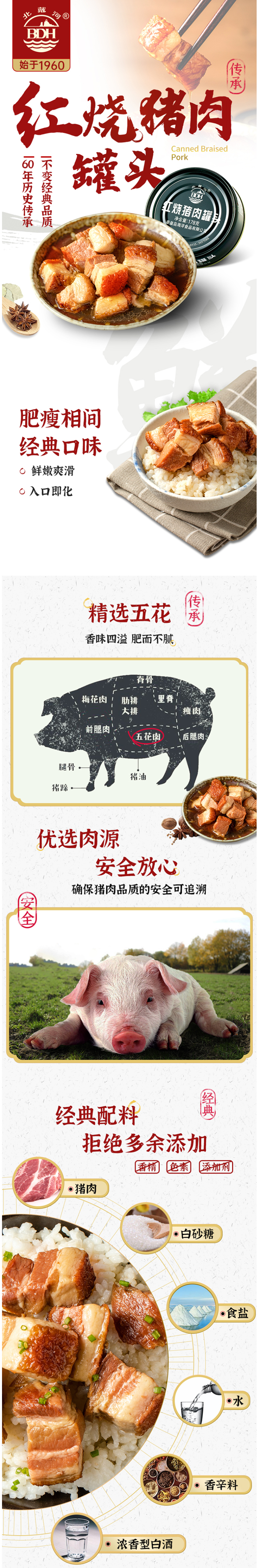 军转民产品 北戴河 红烧猪肉罐头 178g*4罐 图1
