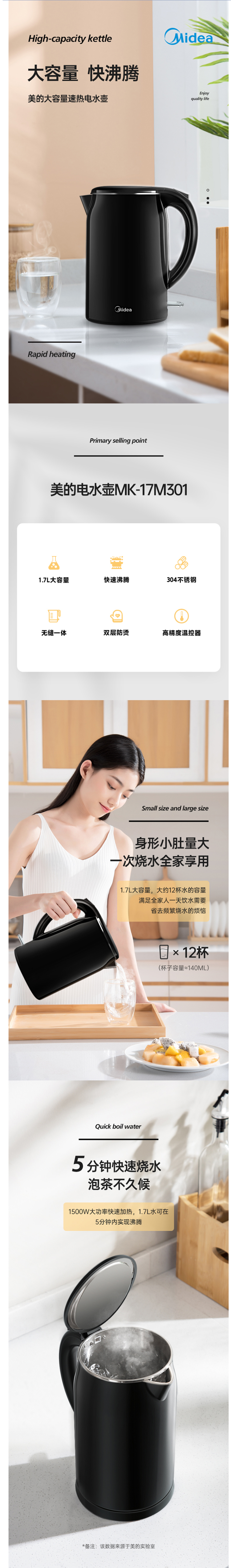 美的 304不锈钢电热水壶 1.7L 进口温控器 图1