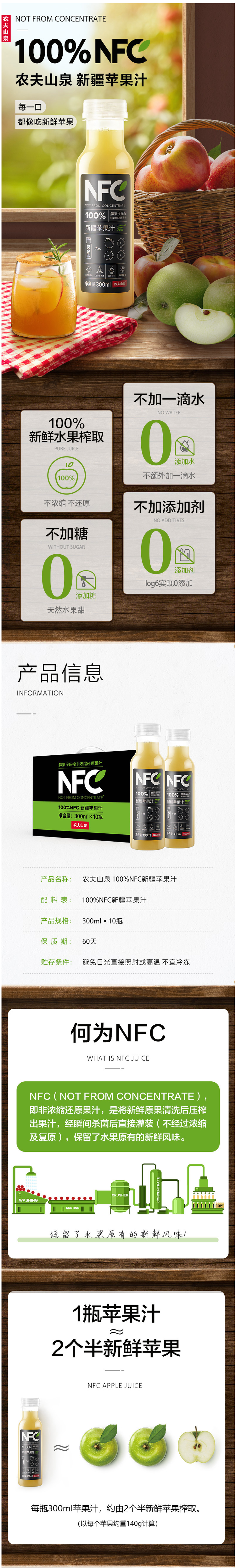 农夫山泉 100%NFC 鲜果冷压榨 纯新疆苹果汁 300ml*10瓶 图1