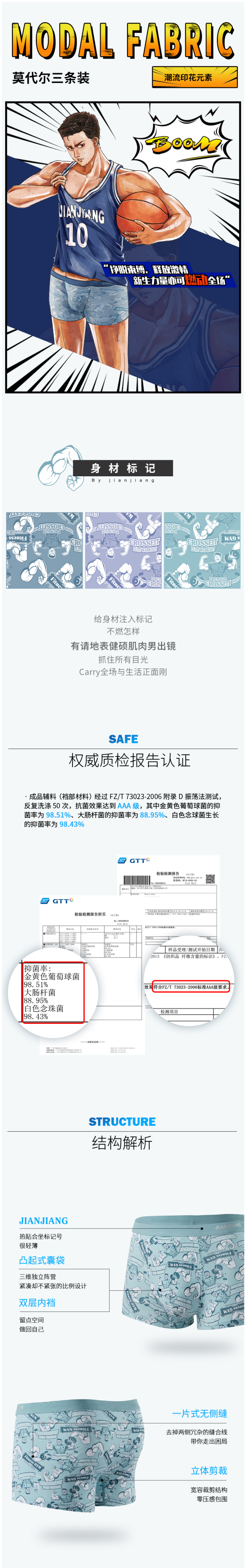 健将 93%莫代尔面料 男无痕平角内裤 3条装 抗菌内档 图1