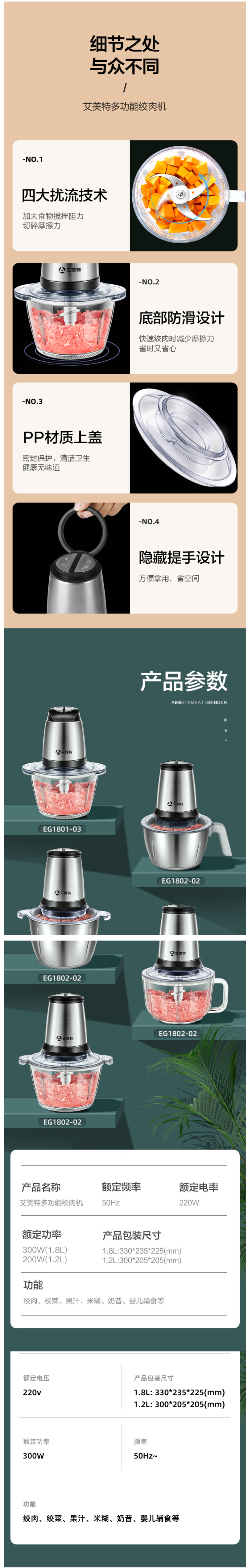 艾美特 家用多功能绞肉机 1.8L 图6