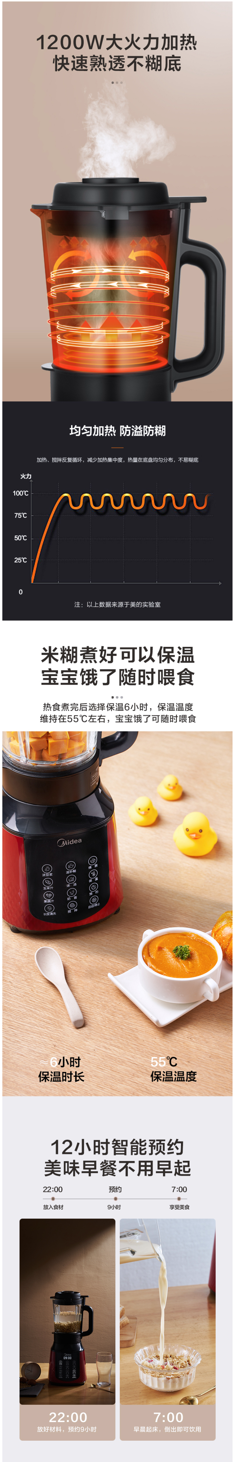 美的 静音加热破壁料理机 1.5L 8叶旋风钢刀 图3