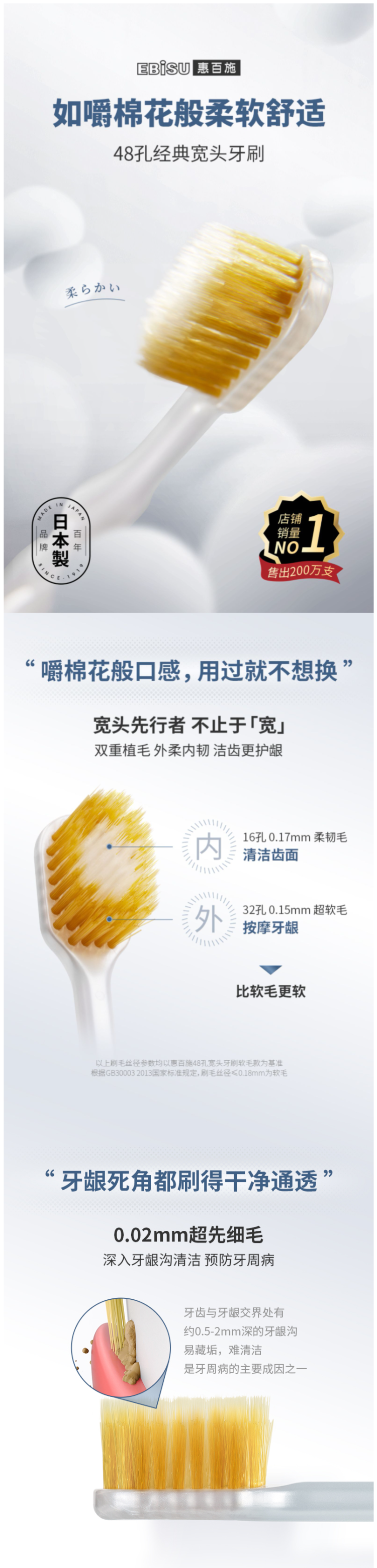 网评最好用的牙刷 日本原产 惠百施 48孔6列宽头双层软毛牙刷 4支装 图2