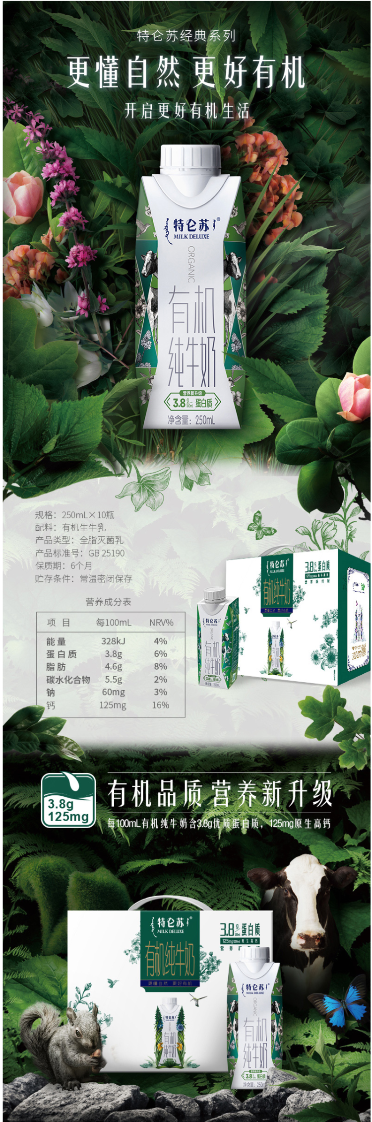 蒙牛特仑苏 3.8g蛋白质 有机纯牛奶 梦幻盖高端款 250ml*10盒*2件 图1