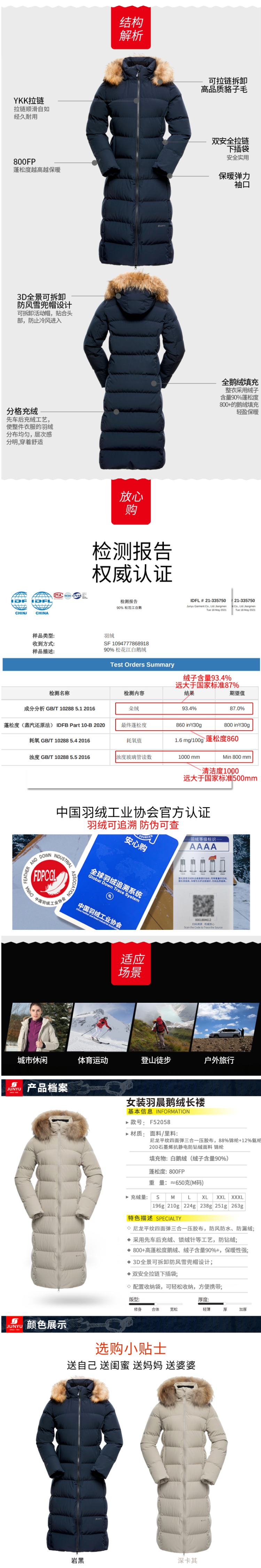 君羽 21新品 800蓬210克90%鹅绒 防风防雪 女过膝长款修身羽绒服 图7