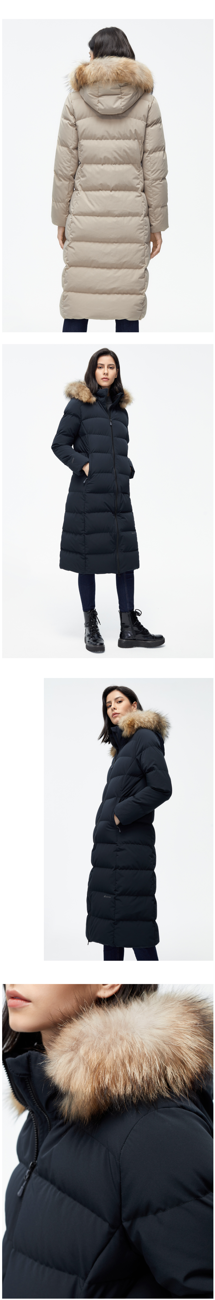 君羽 21新品 800蓬210克90%鹅绒 防风防雪 女过膝长款修身羽绒服 图9