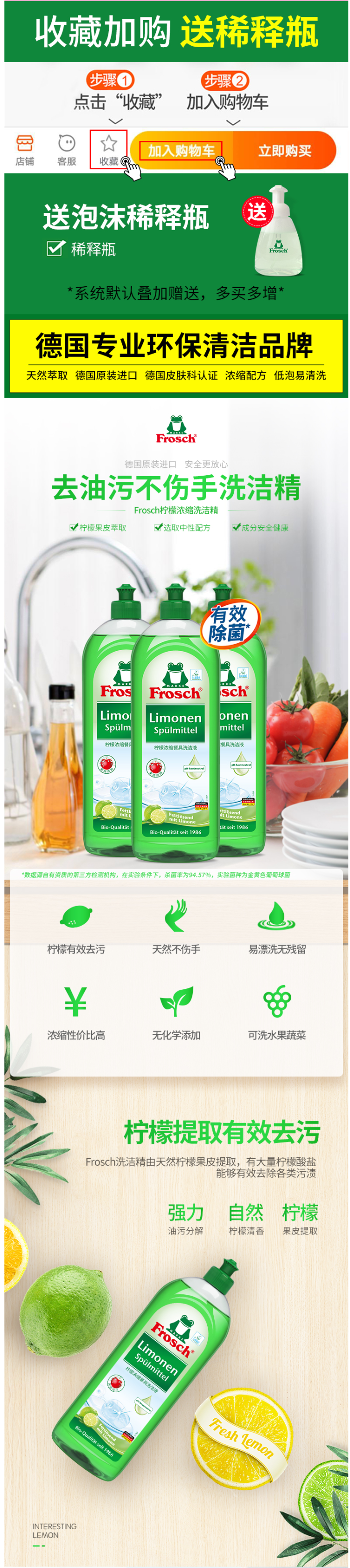德国进口  Frosch 柠檬浓缩洗洁精 750ml*3瓶 图2