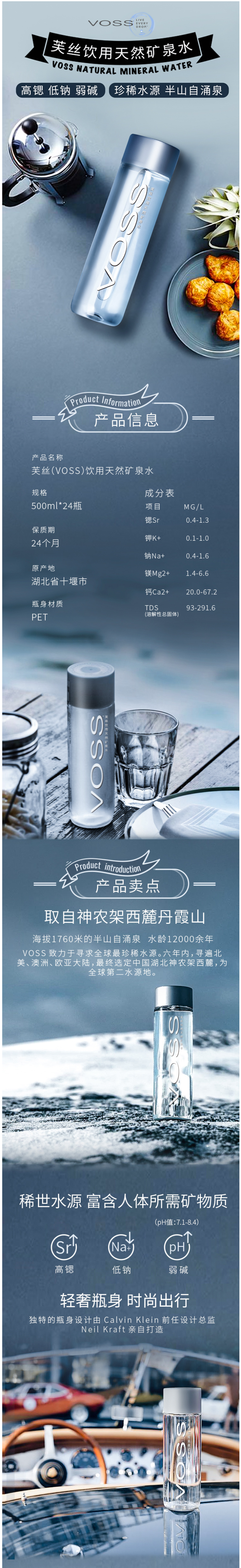 世界顶级饮用水 芙丝 Voss 高锶低钠弱碱 天然矿泉水 500ml*24瓶 图1