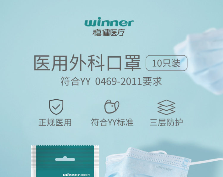 winner 稳健医疗 一次性医用外科口罩 100只 图1