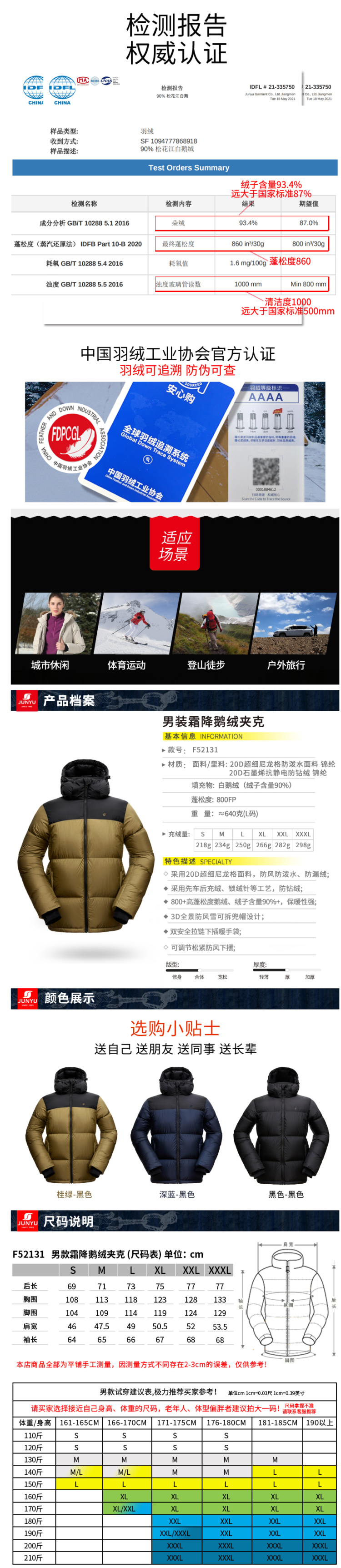 君羽 2021新品 800蓬250克90%鹅绒 男加厚抗静电羽绒服 可抗-25℃ 图8