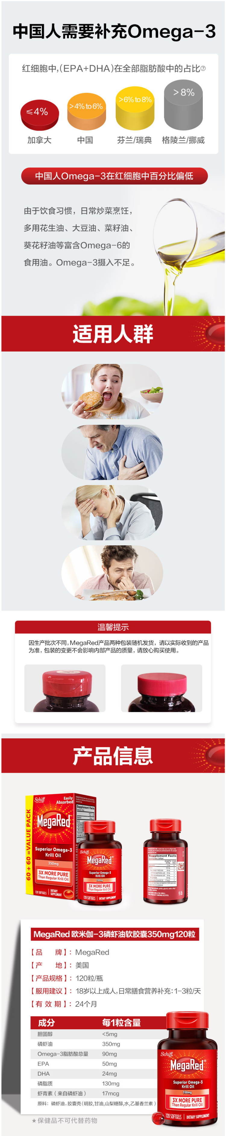 美国产 Schiff MegaRed 欧米伽3 南极磷虾油胶囊 120粒*2瓶 强力调节三高 图2