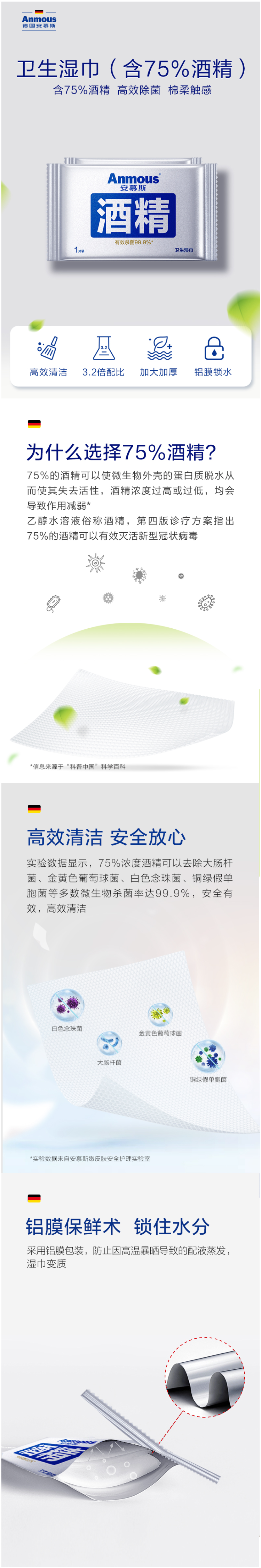 德国 安慕斯 Anmous 75%酒精加厚消毒湿巾 100片 独立包装 图1