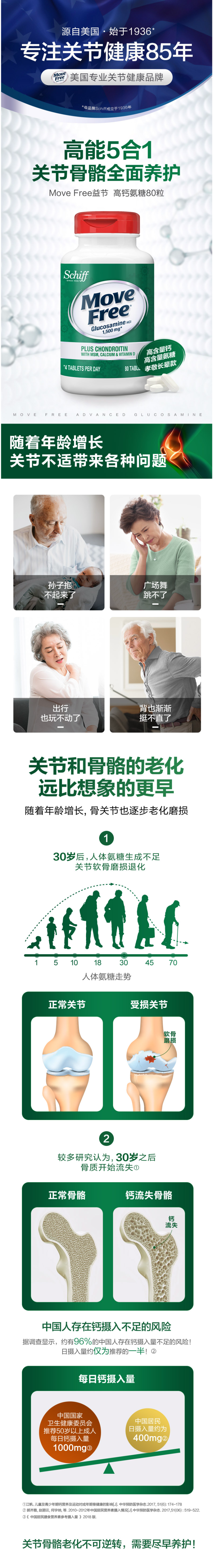 美国进口 维骨力MoveFree 高钙氨糖软骨素 80粒 图1