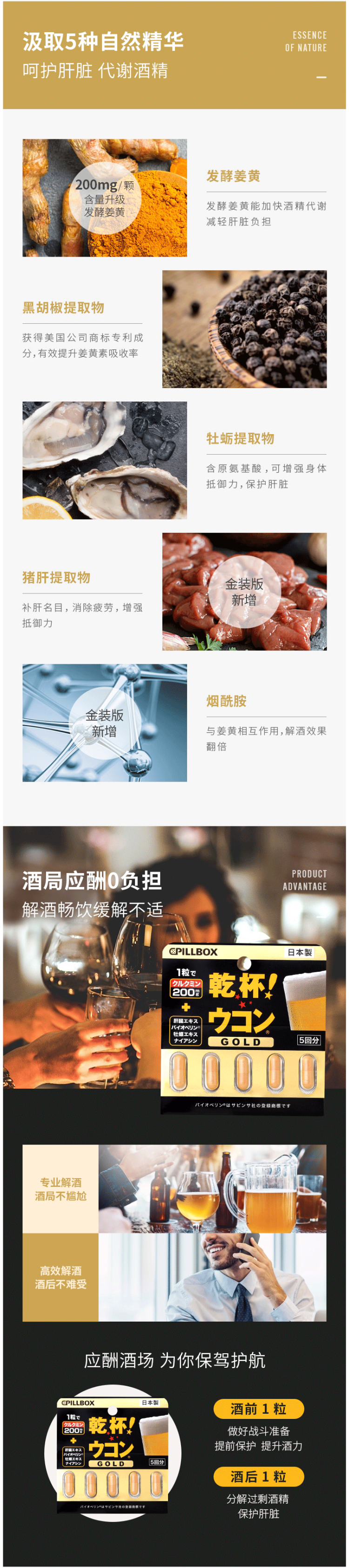 日本进口 Pillbox 金装加强版 姜黄素解酒胶囊 5粒 酒后防头痛 图7