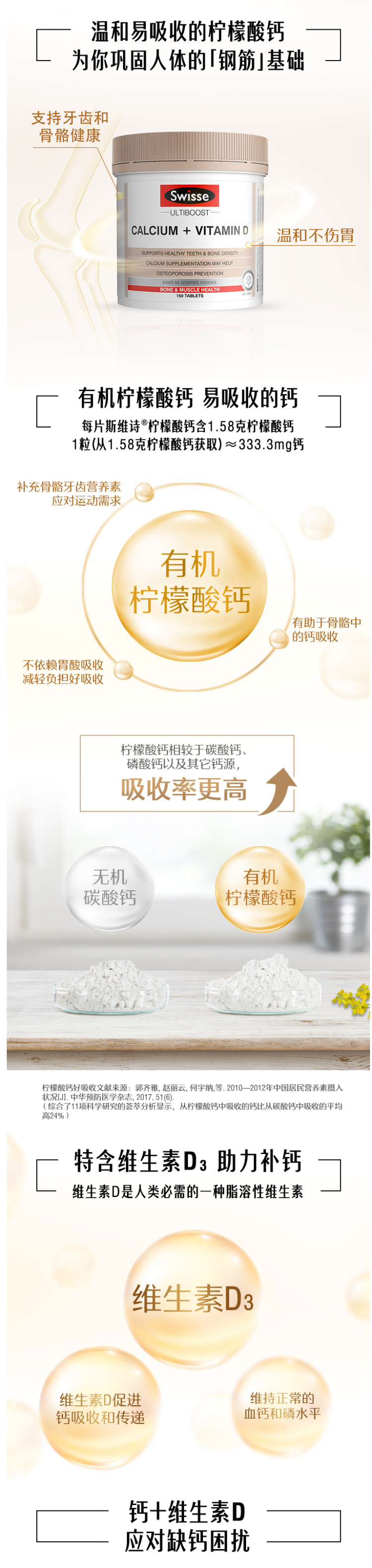 澳洲 swisse VD柠檬酸钙片 150粒/瓶 温和补钙 图3