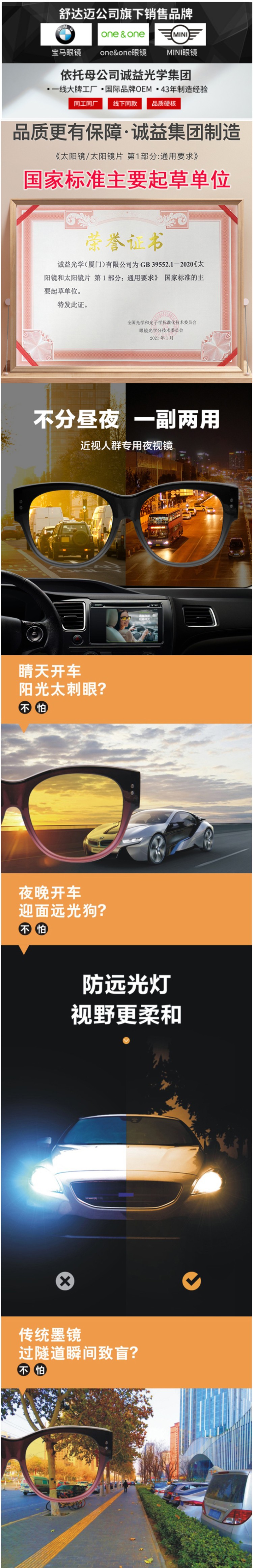 One&One 日夜两用 近视偏光太阳镜 防夜间远光灯 直接套在近视架上 图1