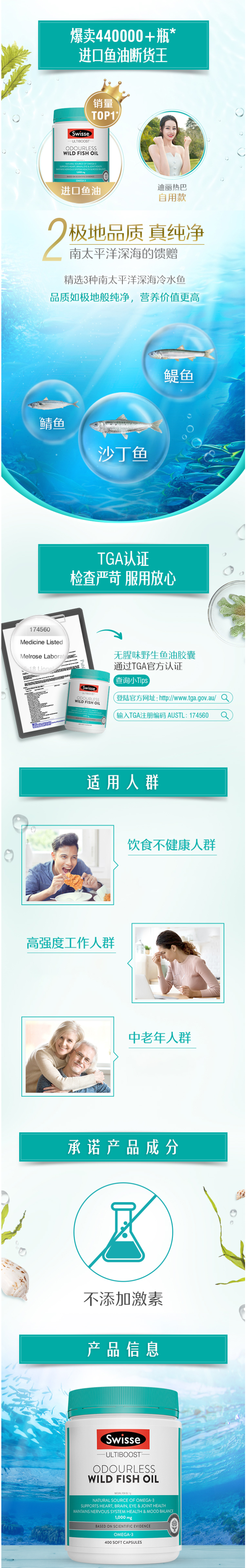 Swisse 无腥味深海鱼油软胶囊 1000mg*400粒 图2