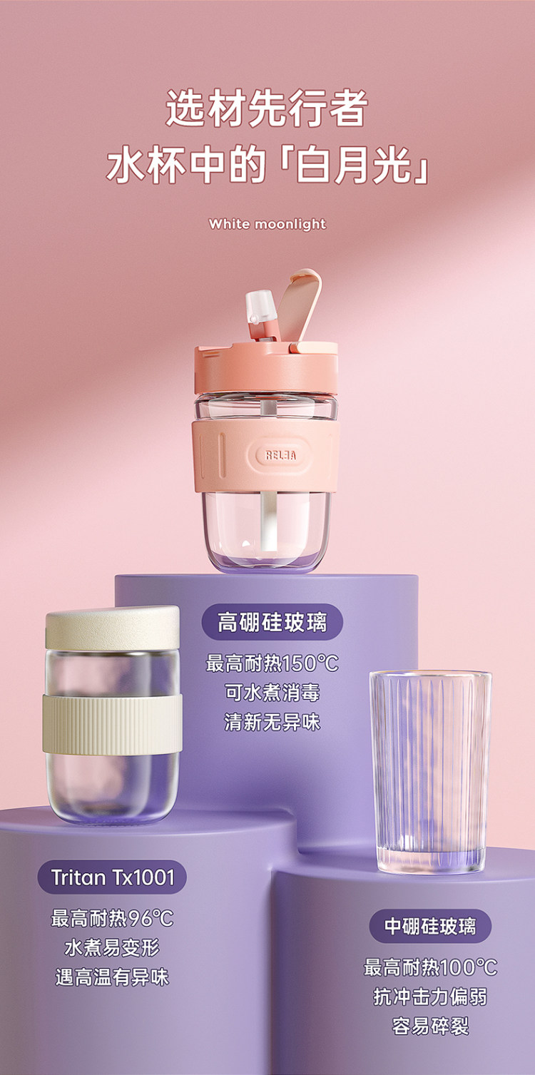 物生物 便携简约双饮玻璃吸管水杯360ml 图7