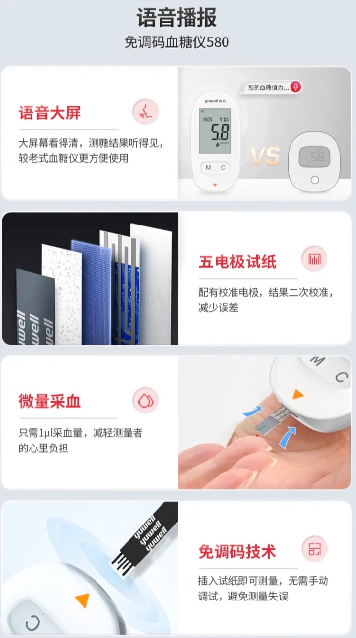yuwell 鱼跃 580 血糖仪 （含100片试纸+100采血针） 图1