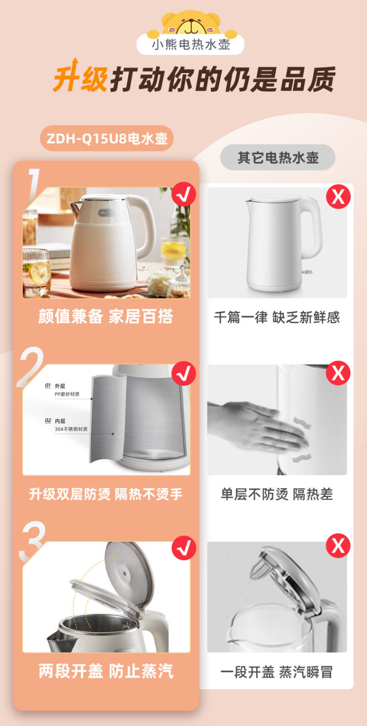 小熊 家用电热水壶自动304不锈钢 图1