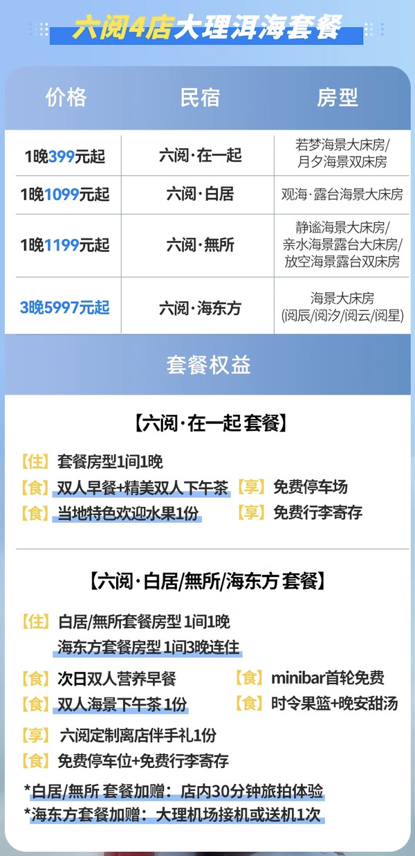 丰俭由人，住在洱海最美景色边！六阅大理4店海景房1-3晚套餐（含双早+下午茶等）