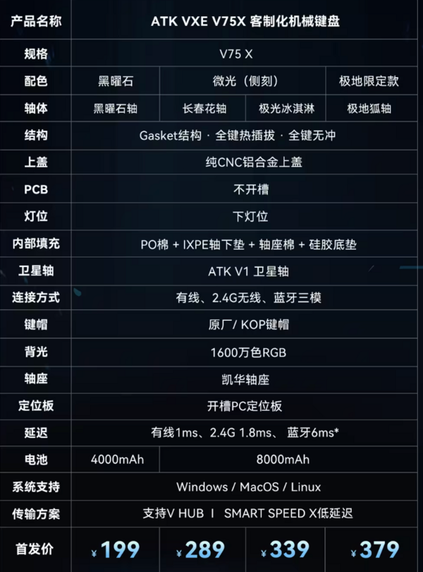 艾泰克;ATK V75X 三模机械键盘 80键 极光冰淇淋轴 侧刻