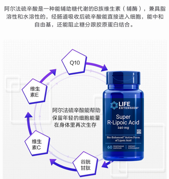 Life Extension 沿寿 超级右旋R-阿尔法硫辛酸抗糖美白丸 60粒191元（天猫旗舰店325元）