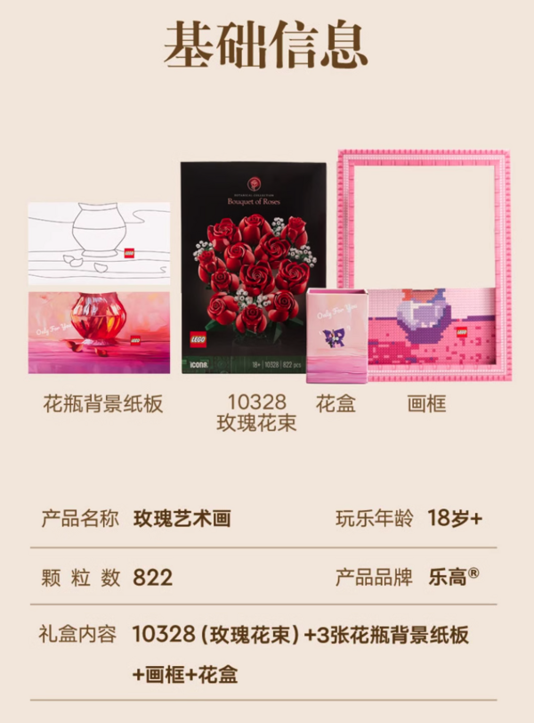LEGO 乐高 玫瑰艺术画礼盒 （10328玫瑰花束+3张花瓶背景纸板+画框+花盒）