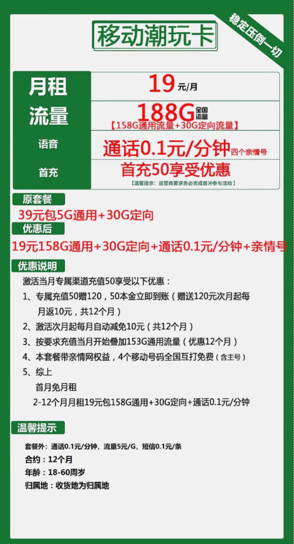 中国移动 CHINA MOBILE 潮玩卡 1年19元/月 （158G通用+30G定向+通话0.1元/分钟+亲情号）
